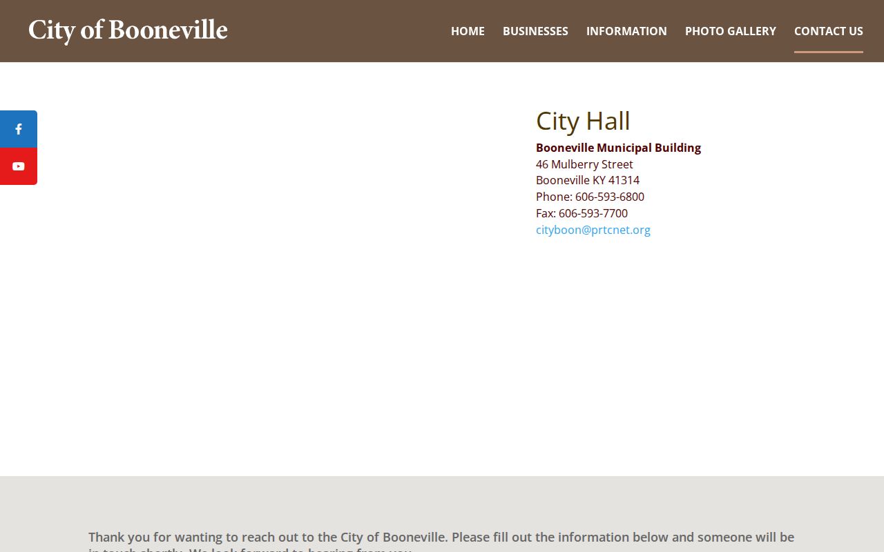 Official Booneville City Hall contact page for municipal arrest-record requests