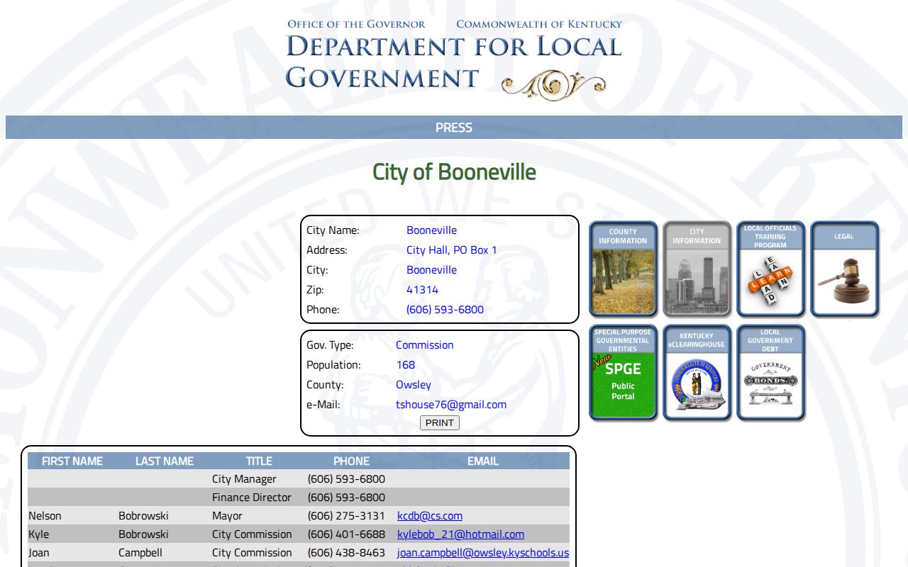 Kentucky DLG Booneville profile listing the county seat, population, and police chief